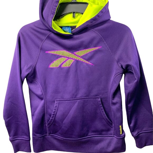 REEBOK Hoodie Youth Purple Size Medium Neon Yellow Lining Kangaroo Pocket Logo - Picture 1 of 6
